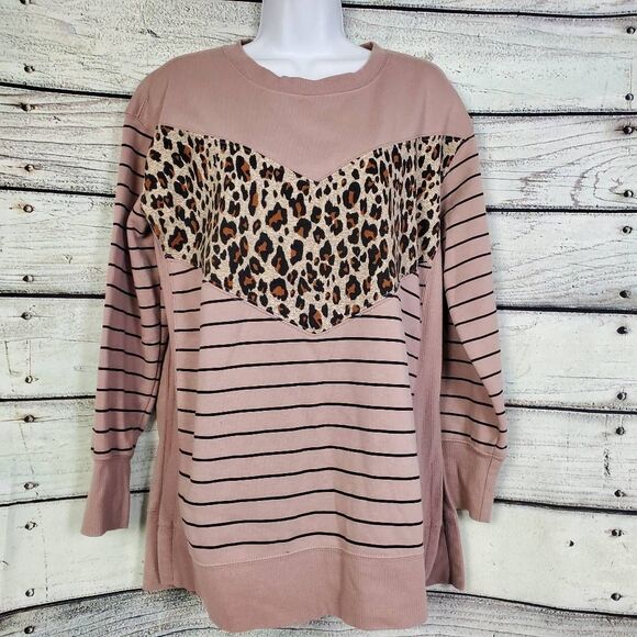 Maurices M Leopard Striped Pullover Sweatshirt Pink Tan Animal Print Long Sleeve - Picture 1 of 7